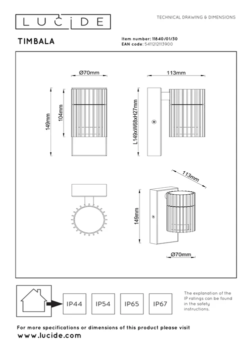 Lucide TIMBALA - Wandspot / Wandlamp Binnen/Buiten - 1xGU10 - IP44 - Zwart | Essential - technisch